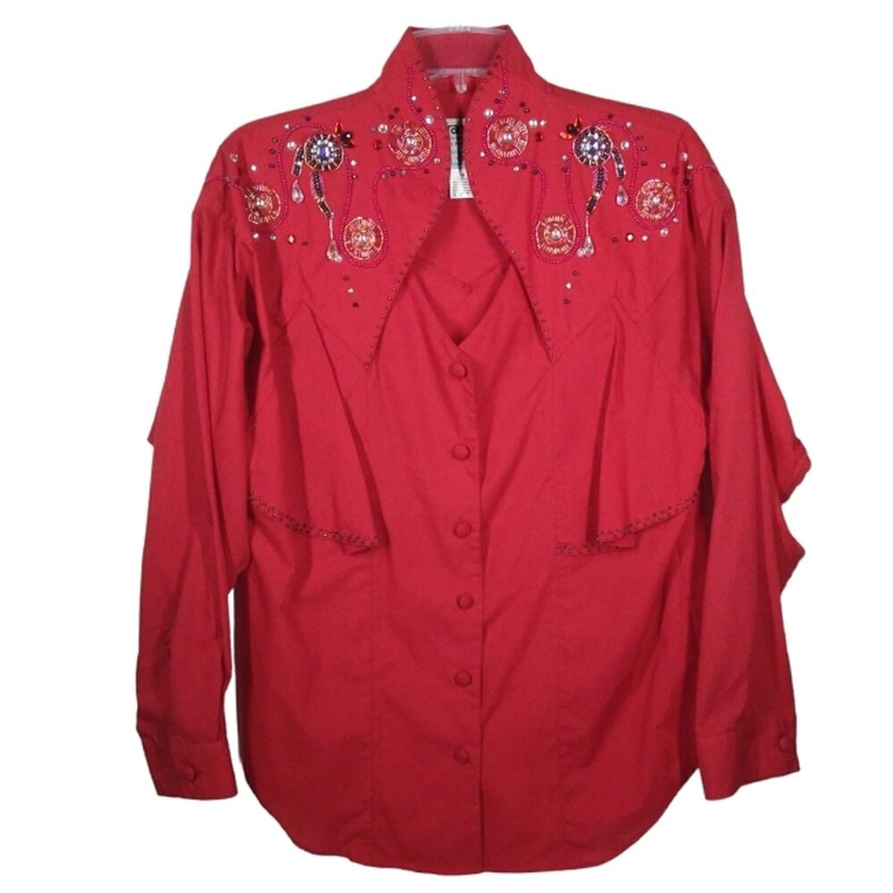 Vintage Wrangler Embellished Western Gem Button Down Shirt Red size Medium